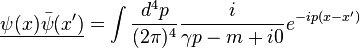 \underline {\psi (x){\bar  \psi }(x')}=\int {d^{4}p \over (2\pi )^{4}}{i \over \gamma p-m+i0}e^{{-ip(x-x')}}