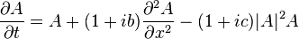 {\frac  {\partial A}{\partial t}}=A+(1+ib){\frac  {\partial ^{2}A}{\partial x^{2}}}-(1+ic)|A|^{2}A