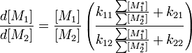 \frac{d[M_1]}{d[M_2]} = \frac{[M_1]}{[M_2]}  \left( \frac{k_{11}\frac{\sum[M_1^*]}{\sum[M_2^*]} + k_{21}} {k_{12}\frac{\sum[M_1^*]}{\sum[M_2^*]} + k_{22}} \right) \,