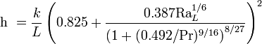 {{\mathrm  {h}}}\ ={\frac  {k}{L}}\left({0.825+{\frac  {0.387{\mathrm  {Ra}}_{L}^{{1/6}}}{\left(1+(0.492/{\mathrm  {Pr}})^{{9/16}}\right)^{{8/27}}}}}\right)^{2}