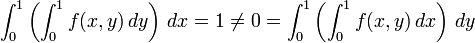 \int _{0}^{1}\left(\int _{0}^{1}f(x,y)\,dy\right)\,dx=1\neq 0=\int _{0}^{1}\left(\int _{0}^{1}f(x,y)\,dx\right)\,dy