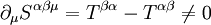 \partial _{\mu }S^{{\alpha \beta \mu }}=T^{{\beta \alpha }}-T^{{\alpha \beta }}\neq 0