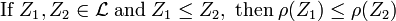 {\mathrm  {If}}\;Z_{1},Z_{2}\in {\mathcal  {L}}\;{\mathrm  {and}}\;Z_{1}\leq Z_{2},\;{\mathrm  {then}}\;\rho (Z_{1})\leq \rho (Z_{2})