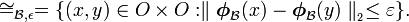 \cong _{{{\mathcal  {B}},\epsilon }}=\{(x,y)\in O\times O:\parallel {\boldsymbol  {\phi }}_{{{\mathcal  {B}}}}(x)-{\boldsymbol  {\phi }}_{{{\mathcal  {B}}}}(y)\parallel _{{_{2}}}\leq \varepsilon \}.