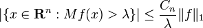 \left|\{x\in {\mathbf  {R}}^{{n}}:Mf(x)>\lambda \}\right|\leq {\frac  {C_{n}}{\lambda }}\|f\|_{{1}}