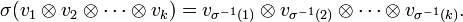 \sigma (v_{1}\otimes v_{2}\otimes \cdots \otimes v_{k})=v_{{\sigma ^{{-1}}(1)}}\otimes v_{{\sigma ^{{-1}}(2)}}\otimes \cdots \otimes v_{{\sigma ^{{-1}}(k)}}.