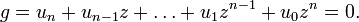 g=u_{n}+u_{{n-1}}z+\dots +u_{1}z^{{n-1}}+u_{0}z^{n}=0.\,