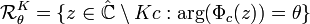 {\mathcal  {R}}_{{\theta }}^{K}=\{z\in {\mathbb  {{\hat  {C}}}}\setminus Kc:\arg(\Phi _{c}(z))=\theta \}