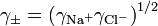 \gamma _{{\pm }}=\left(\gamma _{{\mathrm  {Na^{+}}}}\gamma _{{\mathrm  {Cl^{-}}}}\right)^{{1/2}}