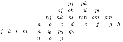 {\begin{array}{cc}{\begin{array}{rrrr}\\\\\\j&k&l&m\\\end{array}}&{\begin{array}{|rrrr|rrrr}&&&pj&pk&&&\\&&oj&ok&ol&pl&&\\&nj&nk&nl&nm&om&pm&\\a&b&c&d&e&f&g&h\\\hline a&o_{0}&p_{0}&q_{0}&&&&\\n&o&p&&&&&\\\end{array}}\end{array}}