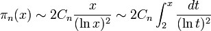 \pi _{n}(x)\sim 2C_{n}{\frac  {x}{(\ln x)^{2}}}\sim 2C_{n}\int _{2}^{x}{dt \over (\ln t)^{2}}