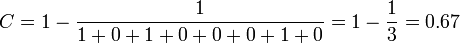 C=1-{\frac  {1}{1+0+1+0+0+0+1+0}}=1-{\frac  {1}{3}}=0.67