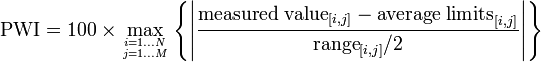 {\text{PWI}}=100\times \max _{{i=1\dots N \atop j=1\dots M}}\left\{\left|{\frac  {{\text{measured value}}_{{[i,j]}}-{\text{average limits}}_{{[i,j]}}}{{\text{range}}_{{[i,j]}}/2}}\right|\right\}