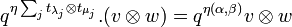 q^{{\eta \sum _{j}t_{{\lambda _{j}}}\otimes t_{{\mu _{j}}}}}.(v\otimes w)=q^{{\eta (\alpha ,\beta )}}v\otimes w