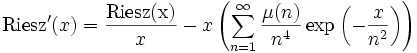 {{\rm {Riesz}}}'(x)={\frac  {{{\rm {Riesz(x)}}}}{x}}-x\left(\sum _{{n=1}}^{\infty }{\frac  {\mu (n)}{n^{4}}}\exp \left(-{\frac  {x}{n^{2}}}\right)\right)