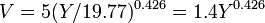 V=5(Y/19.77)^{{0.426}}=1.4Y^{{0.426}}