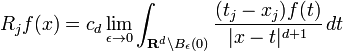 R_{j}f(x)=c_{d}\lim _{{\epsilon \to 0}}\int _{{{\mathbf  {R}}^{d}\backslash B_{\epsilon }(0)}}{\frac  {(t_{j}-x_{j})f(t)}{|x-t|^{{d+1}}}}\,dt