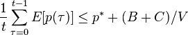 {\frac  {1}{t}}\sum _{{\tau =0}}^{{t-1}}E[p(\tau )]\leq p^{*}+(B+C)/V