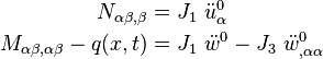 {\begin{aligned}N_{{\alpha \beta ,\beta }}&=J_{1}~{\ddot  {u}}_{\alpha }^{0}\\M_{{\alpha \beta ,\alpha \beta }}-q(x,t)&=J_{1}~{\ddot  {w}}^{0}-J_{3}~{\ddot  {w}}_{{,\alpha \alpha }}^{0}\end{aligned}}