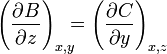 \left({\frac  {\partial B}{\partial z}}\right)_{{x,y}}\!\!\!=\left({\frac  {\partial C}{\partial y}}\right)_{{x,z}}