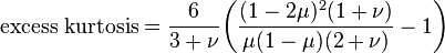 {\text{excess kurtosis}}={\frac  {6}{3+\nu }}{\bigg (}{\frac  {(1-2\mu )^{2}(1+\nu )}{\mu (1-\mu )(2+\nu )}}-1{\bigg )}