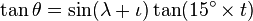 \tan \theta =\sin(\lambda +\iota )\tan(15^{{\circ }}\times t)