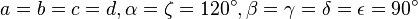 a=b=c=d,\alpha =\zeta =120^{\circ },\beta =\gamma =\delta =\epsilon =90^{\circ }