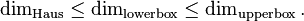 \dim _{{\operatorname {Haus}}}\leq \dim _{{\operatorname {lowerbox}}}\leq \dim _{{\operatorname {upperbox}}}.