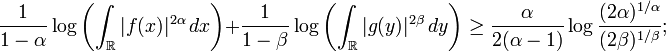 {\frac  {1}{1-\alpha }}\log \left(\int _{{{\mathbb  R}}}|f(x)|^{{2\alpha }}\,dx\right)+{\frac  {1}{1-\beta }}\log \left(\int _{{{\mathbb  R}}}|g(y)|^{{2\beta }}\,dy\right)\geq {\frac  \alpha {2(\alpha -1)}}\log {\frac  {(2\alpha )^{{1/\alpha }}}{(2\beta )^{{1/\beta }}}};