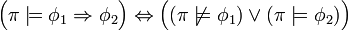 {\Big (}\pi \models \phi _{1}\Rightarrow \phi _{2}{\Big )}\Leftrightarrow {\Big (}{\big (}\pi \not \models \phi _{1}{\big )}\lor {\big (}\pi \models \phi _{2}{\big )}{\Big )}