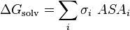 \Delta G_{{\mathrm  {solv}}}=\sum _{{i}}\sigma _{{i}}\ ASA_{{i}}