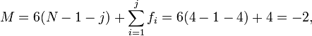 M=6(N-1-j)+\sum _{{i=1}}^{j}f_{i}=6(4-1-4)+4=-2,