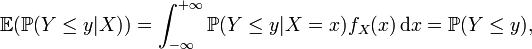 {\mathbb  {E}}({\mathbb  {P}}(Y\leq y|X))=\int _{{-\infty }}^{{+\infty }}{\mathbb  {P}}(Y\leq y|X=x)f_{X}(x)\,{\mathrm  {d}}x={\mathbb  {P}}(Y\leq y),