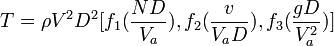 T=\rho V^{2}D^{2}[f_{1}({\frac  {ND}{V_{a}}}),f_{2}({\frac  {v}{V_{a}D}}),f_{3}({\frac  {gD}{V_{a}^{2}}})]