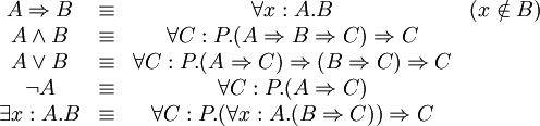 {\begin{matrix}A\Rightarrow B&\equiv &\forall x:A.B&(x\notin B)\\A\wedge B&\equiv &\forall C:P.(A\Rightarrow B\Rightarrow C)\Rightarrow C&\\A\vee B&\equiv &\forall C:P.(A\Rightarrow C)\Rightarrow (B\Rightarrow C)\Rightarrow C&\\\neg A&\equiv &\forall C:P.(A\Rightarrow C)&\\\exists x:A.B&\equiv &\forall C:P.(\forall x:A.(B\Rightarrow C))\Rightarrow C&\end{matrix}}