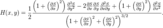 
H(x,y) = 
\frac{1}{2}\frac{
\left(1 + \left(\frac{\partial S}{\partial x}\right)^2\right) \frac{\partial^2 S}{\partial y^2} - 
2 \frac{\partial S}{\partial x} \frac{\partial S}{\partial y} \frac{\partial^2 S}{\partial x \partial y} + 
\left(1 + \left(\frac{\partial S}{\partial y}\right)^2\right) \frac{\partial^2 S}{\partial x^2}
}{\left(1 + \left(\frac{\partial S}{\partial x}\right)^2 + \left(\frac{\partial S}{\partial y}\right)^2\right)^{3/2}}.
