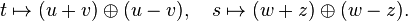 t\mapsto (u+v)\oplus (u-v),\quad s\mapsto (w+z)\oplus (w-z).