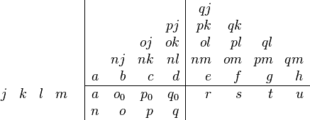 {\begin{array}{cc}{\begin{array}{rrrr}\\\\\\\\j&k&l&m\\\end{array}}&{\begin{array}{|rrrr|rrrr}&&&&qj&&&\\&&&pj&pk&qk&&\\&&oj&ok&ol&pl&ql&\\&nj&nk&nl&nm&om&pm&qm\\a&b&c&d&e&f&g&h\\\hline a&o_{0}&p_{0}&q_{0}&r&s&t&u\\n&o&p&q&&&&\\\end{array}}\end{array}}