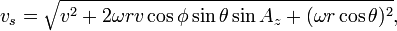 v_{s}={\sqrt  {v^{2}+2\omega rv\cos \phi \sin \theta \sin A_{z}+(\omega r\cos \theta )^{2}}},