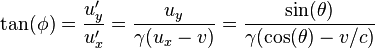 \tan(\phi) = \frac{u_y'}{u_x'} = \frac{u_y}{\gamma(u_x-v)} = \frac{\sin(\theta)}{\gamma(\cos(\theta)-v/c)}