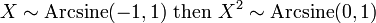 X\sim {{\rm {Arcsine}}}(-1,1)\ {\text{then }}X^{2}\sim {{\rm {Arcsine}}}(0,1)