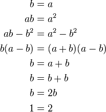 {\begin{aligned}b&=a\\ab&=a^{2}\\ab-b^{2}&=a^{2}-b^{2}\\b(a-b)&=(a+b)(a-b)\\b&=a+b\\b&=b+b\\b&=2b\\1&=2\end{aligned}}