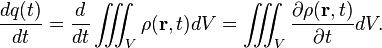 {\frac  {dq(t)}{dt}}={\frac  {d}{dt}}\int \!\!\!\!\int \!\!\!\!\int _{V}\rho ({\mathbf  {r}},t)dV=\int \!\!\!\!\int \!\!\!\!\int _{V}{\frac  {\partial \rho ({\mathbf  {r}},t)}{\partial t}}dV.