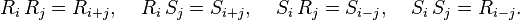 R_{i}\,R_{j}=R_{{i+j}},\;\;\;\;R_{i}\,S_{j}=S_{{i+j}},\;\;\;\;S_{i}\,R_{j}=S_{{i-j}},\;\;\;\;S_{i}\,S_{j}=R_{{i-j}}.