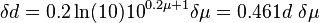 \delta d=0.2\ln(10)10^{{0.2\mu +1}}\delta \mu =0.461d\ \delta \mu 