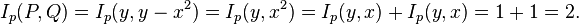 I_{p}(P,Q)=I_{p}(y,y-x^{2})=I_{p}(y,x^{2})=I_{p}(y,x)+I_{p}(y,x)=1+1=2.\,