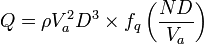 Q=\rho V_{a}^{2}D^{3}\times f_{q}\left({\frac  {ND}{V_{a}}}\right)