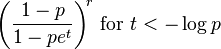 {\biggl (}{\frac  {1-p}{1-pe^{t}}}{\biggr )}^{{\!r}}{\text{ for }}t<-\log p