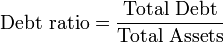 {\mbox{Debt ratio}}={\frac  {{\mbox{Total Debt}}}{{\mbox{Total Assets}}}}