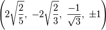 \left(2{\sqrt  {{\frac  {2}{5}}}},\ -2{\sqrt  {{\frac  {2}{3}}}},\ {\frac  {-1}{{\sqrt  {3}}}},\ \pm 1\right)